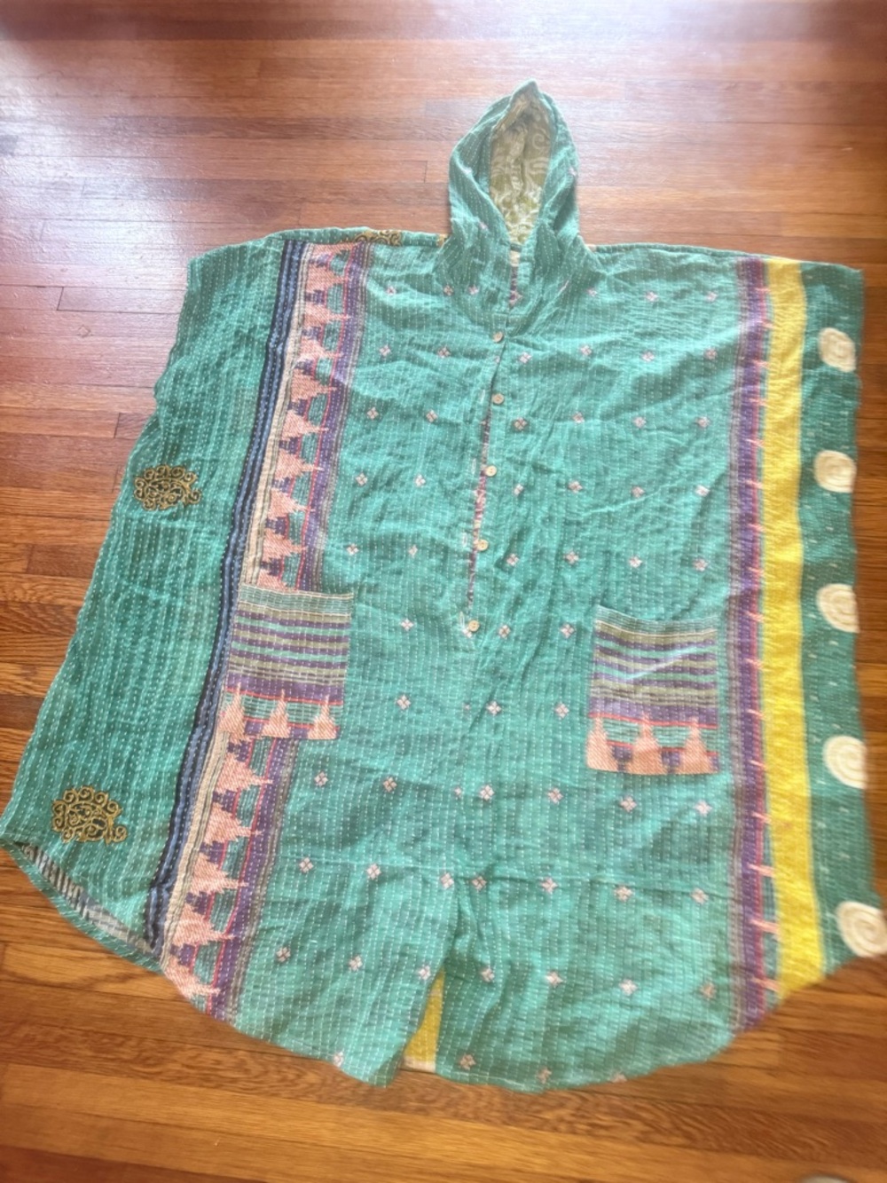 Kantha Bae Teal Hooded Boho Kantha Romper with Patch Pockets